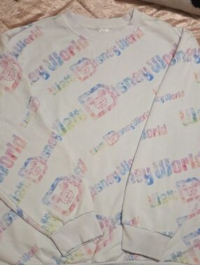 Disney White Crewneck Sweatshirt with Pastel Rainbow Logo Print